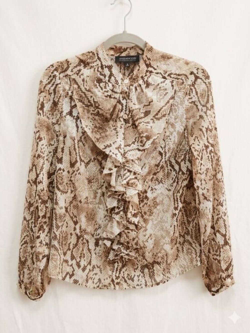 Jones New York Brown Snakeskin Print Ruffle Front Blouse Petite 8P